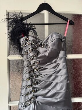 Maggie Sottero Silver One-Shoulder Feather & Beaded Evening Dress